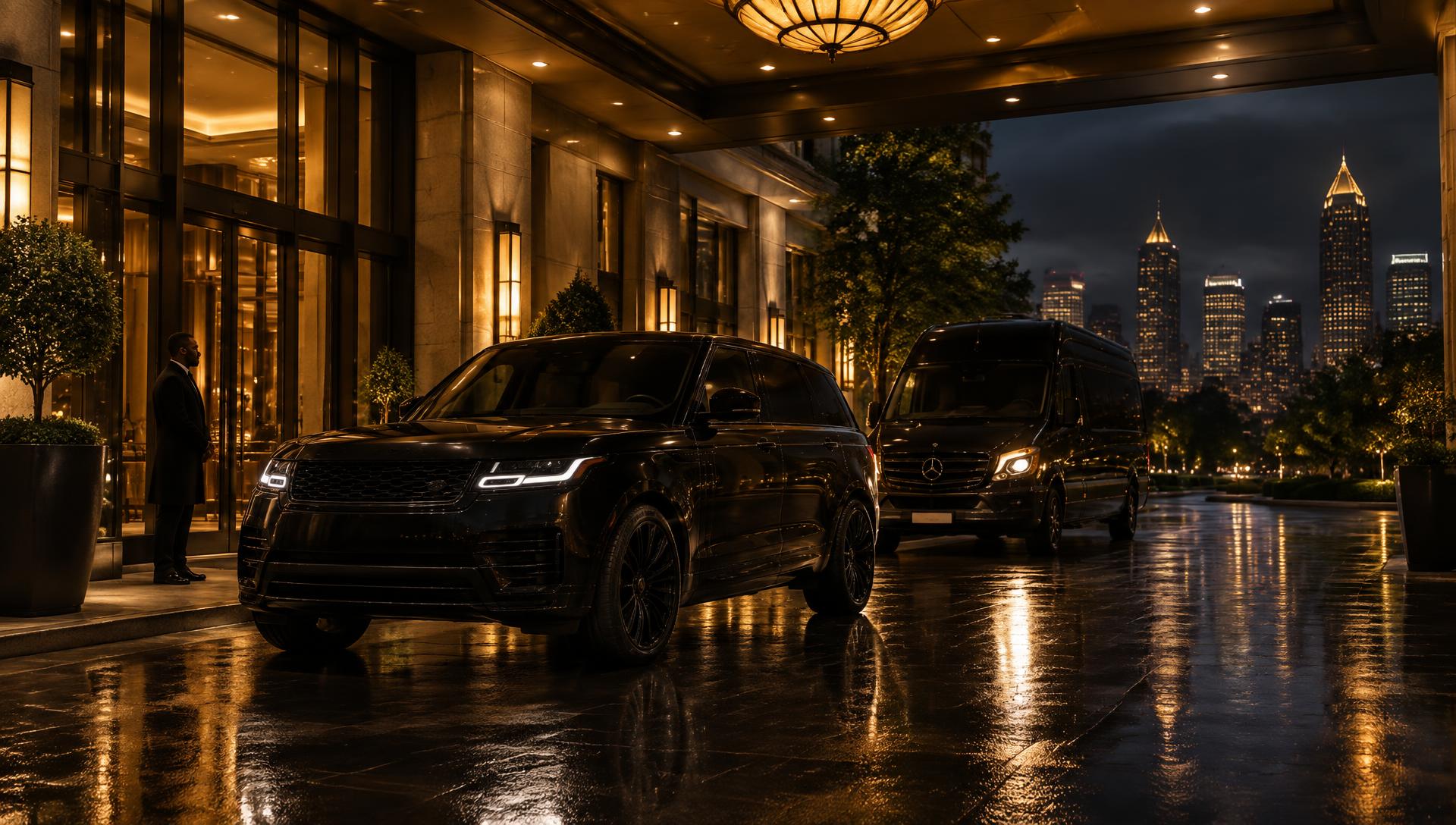 Chauffeur and luxury vehicles at an elegant hotel entrance